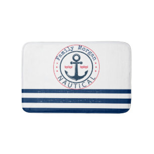 Nautisch, bootnaam, anker marineblauwe strepen badmat