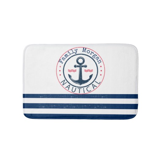 Nautisch, bootnaam, anker marineblauwe strepen badmat (Voorkant)