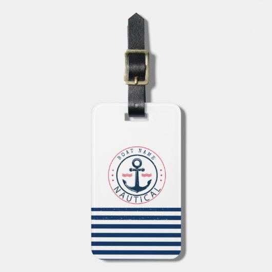 Nautisch, bootnaam, anker marineblauwe strepen bagagelabel (Voorkant verticaal)