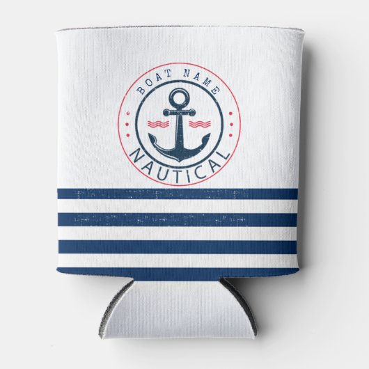 Nautisch, bootnaam, anker marineblauwe strepen blikjeskoeler (Voorkant)