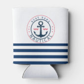 Nautisch, bootnaam, anker marineblauwe strepen blikjeskoeler (Achterkant)