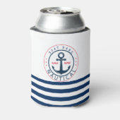Nautisch, bootnaam, anker marineblauwe strepen blikjeskoeler (Blikje Achterkant)
