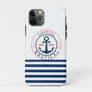 Nautisch, bootnaam, anker marineblauwe strepen Case-Mate iPhone case