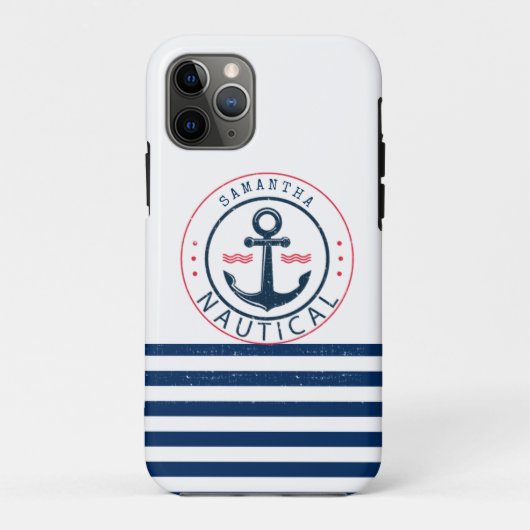 Nautisch, bootnaam, anker marineblauwe strepen Case-Mate iPhone case (Achterkant)