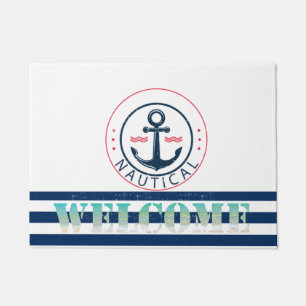 Nautisch, bootnaam, anker marineblauwe strepen deurmat