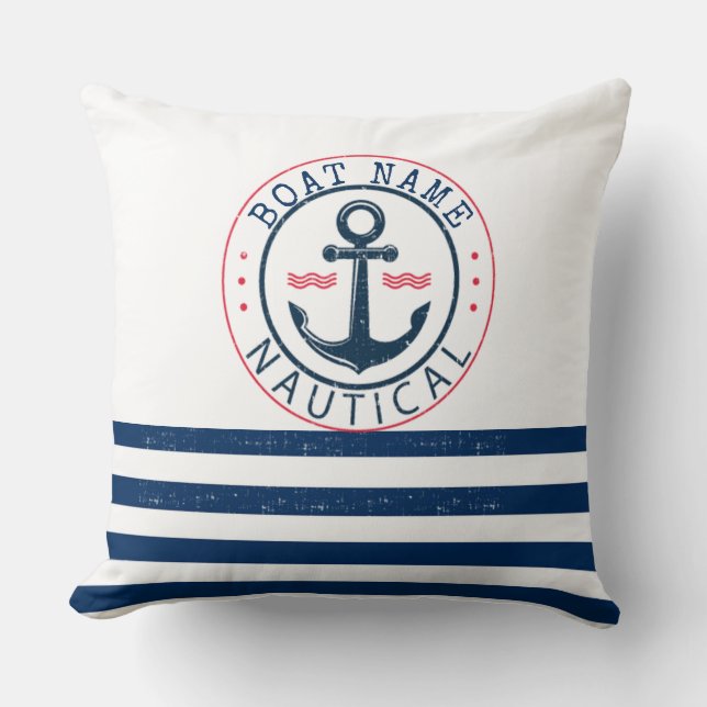 Nautisch, bootnaam, anker marineblauwe strepen kussen (Voorkant)