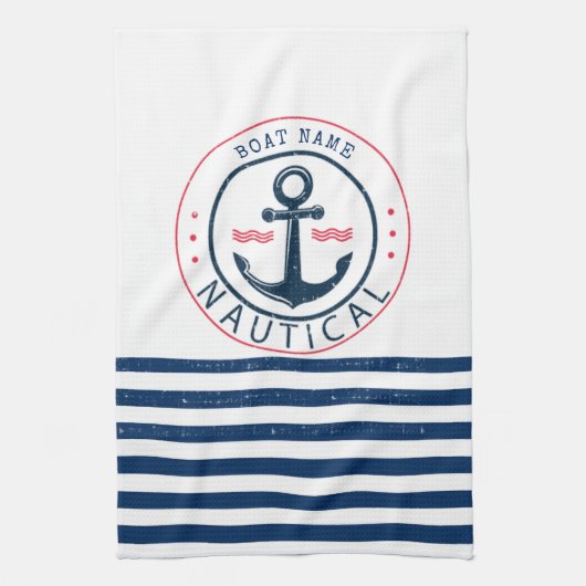 Nautisch, bootnaam, anker marineblauwe strepen theedoek (Verticaal)