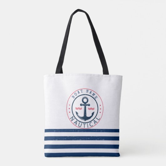 Nautisch, bootnaam, anker marineblauwe strepen tote bag (Achterkant)
