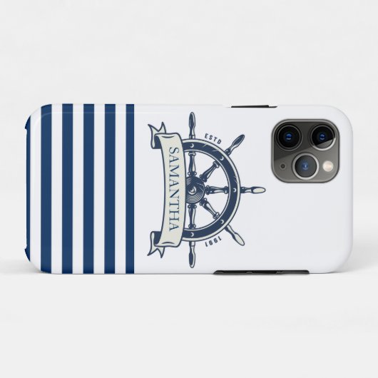 Nautisch, bootwiel, marineblauw, witte strepen Case-Mate iPhone case (Achterkant (horizontaal))
