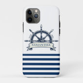 Nautisch, bootwiel, marineblauw, witte strepen Case-Mate iPhone case (Achterkant)