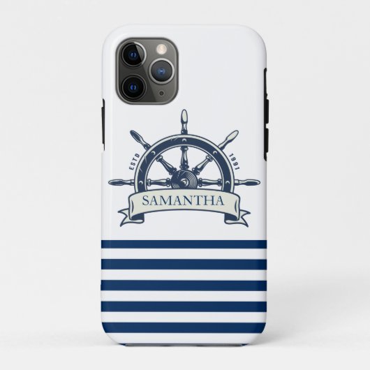 Nautisch, bootwiel, marineblauw, witte strepen Case-Mate iPhone case (Achterkant)
