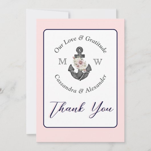 Nautisch Bruiloft Bloemen Anker Marine Blauw en Ro Bedankkaart (Voorkant)