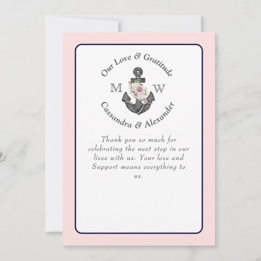 Nautisch Bruiloft Bloemen Anker Marine Blauw en Ro Bedankkaart (Achterkant)