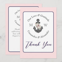 Nautisch Bruiloft Bloemen Anker Marine Blauw en Ro Bedankkaart