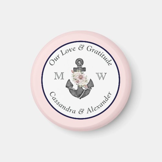 Nautisch Bruiloft Bloemen Anker Marine Blauw en Ro Magneet (Voorkant)