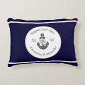Nautisch Bruiloft Bloemen Anker Marine Blauw Roze Accent Kussen (Voorkant)