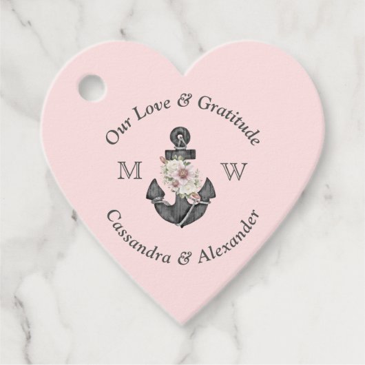 Nautisch Bruiloft Bloemen Anker Marine Blauw Roze Bedankjes Labels (Voorkant)