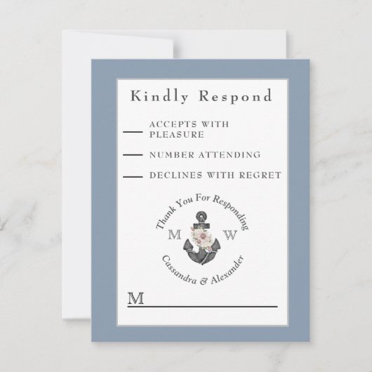 Nautisch Bruiloft Bloemen Anker Marine Blauw Wit RSVP Kaartje (Voorkant)