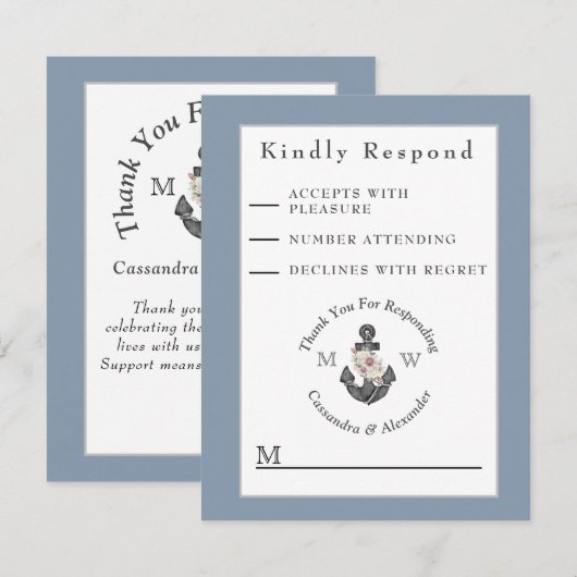 Nautisch Bruiloft Bloemen Anker Marine Blauw Wit RSVP Kaartje (Voorkant / Achterkant)