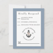Nautisch Bruiloft Bloemen Anker Marine Blauw Wit RSVP Kaartje (Voorkant)