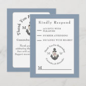 Nautisch Bruiloft Bloemen Anker Marine Blauw Wit RSVP Kaartje (Voorkant / Achterkant)