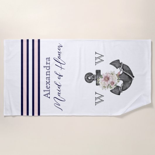 Nautisch Bruiloft Bloemen Anker Marine Maid of Hon Strandlaken (Voorkant)