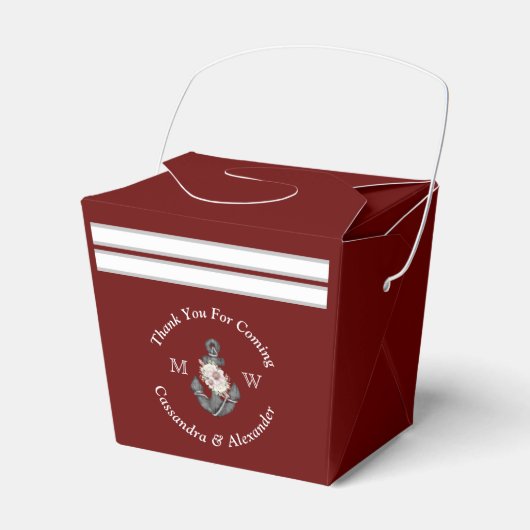 Nautisch Bruiloft Bloemen Anker Maroon Bourgondië Bedankdoosjes (Voorkant Zijde)