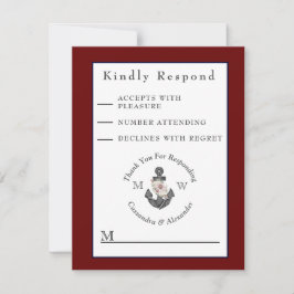 Nautisch Bruiloft Bloemen Anker Maroon Bourgondië  RSVP Kaartje