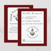 Nautisch Bruiloft Bloemen Anker Maroon Bourgondië RSVP Kaartje (Voorkant / Achterkant)