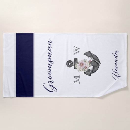 Nautisch Bruiloft Bloemen Anker Navy Grey Groomsma Strandlaken (Voorkant)