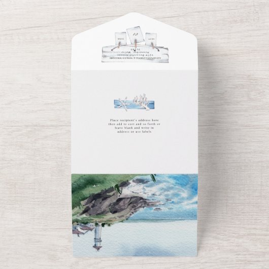 Nautisch bruiloft in vuurtorenbestemming all in one uitnodiging (Buitenkant)