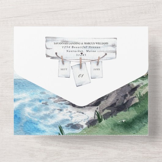 Nautisch bruiloft in vuurtorenbestemming all in one uitnodiging (Achterkant)