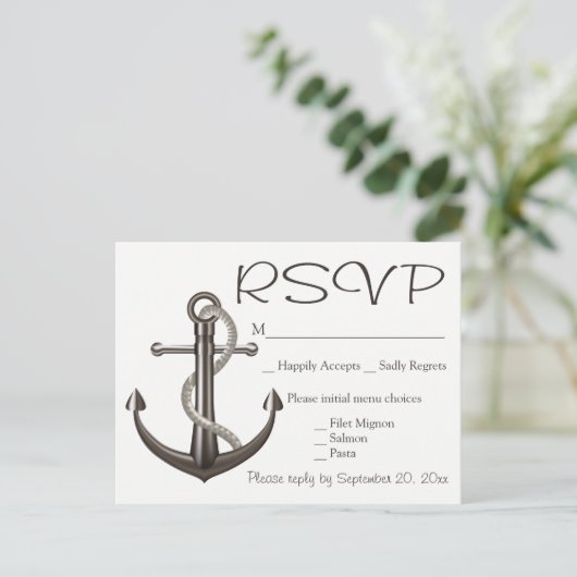 Nautisch Bruin RSVP Schip Anker Trouwstrand Uitnodiging Briefkaart (Staand voorkant)