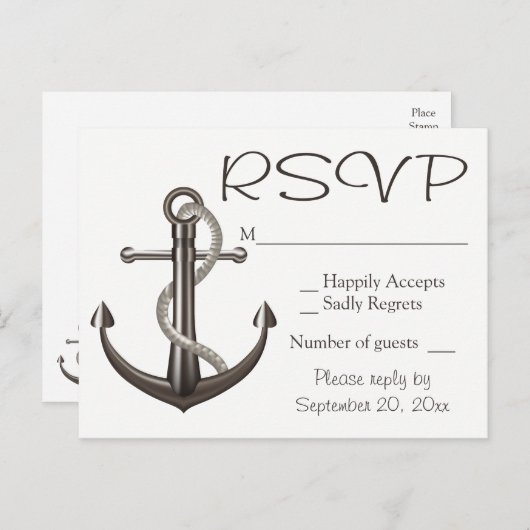 Nautisch Bruin RSVP Schip Anker Trouwstrand Uitnodiging Briefkaart (Voorkant / Achterkant)