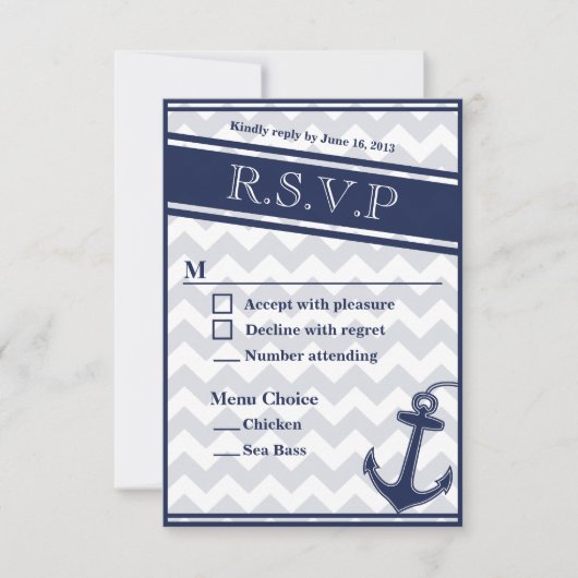 Nautisch chevron blauw RSVP menu 2 keuzes (Voorkant)