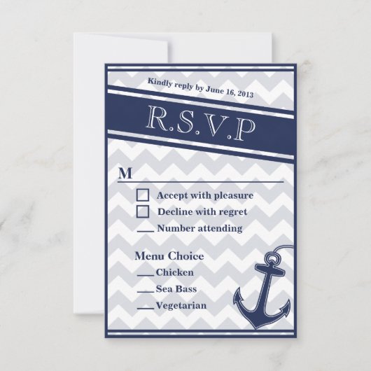 Nautisch chevron blauw RSVP menu 3 keuzes (Voorkant)