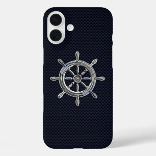 Nautisch chroomwiel op koolstofvezel afdrukken iPhone 16 plus hoesje