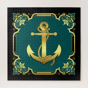 Nautisch dolfijnensilhouet/goud/zwart/aqua legpuzzel