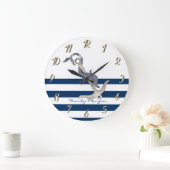 Nautisch, Dolphin Anchor Blue Stripes Grote Klok (Huis)