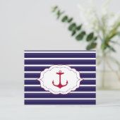Nautisch Donkerblauw Wit Strepen Rood Anker Briefkaart (Staand voorkant)