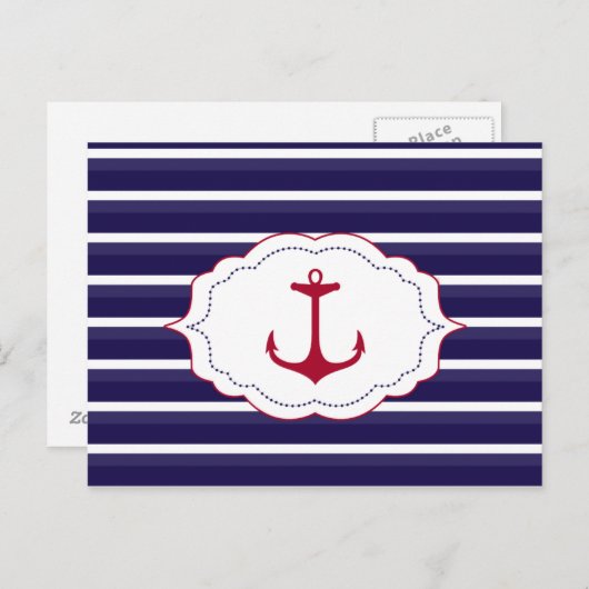 Nautisch Donkerblauw Wit Strepen Rood Anker Briefkaart (Voorkant / Achterkant)
