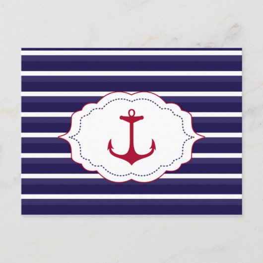Nautisch Donkerblauw Wit Strepen Rood Anker Briefkaart (Voorkant)