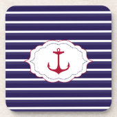Nautisch Donkerblauw Wit Strepen Rood Anker Onderzetter (Voorkant)
