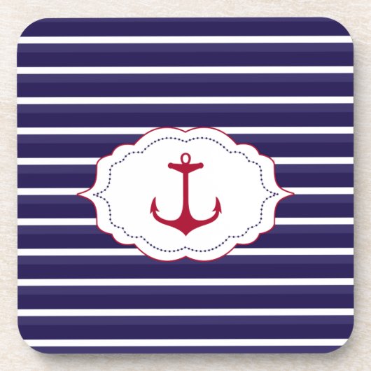 Nautisch Donkerblauw Wit Strepen Rood Anker Onderzetter (Voorkant)