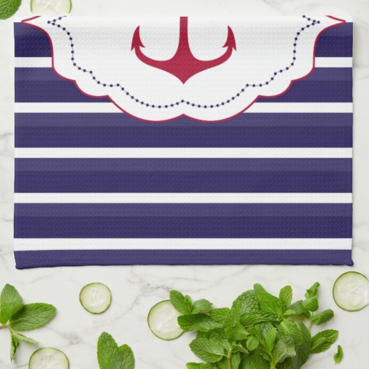 Nautisch Donkerblauw Wit Strepen Rood Anker Theedoek (Gevouwen)