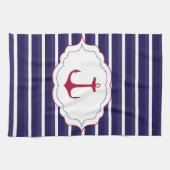Nautisch Donkerblauw Wit Strepen Rood Anker Theedoek (Horizontaal)