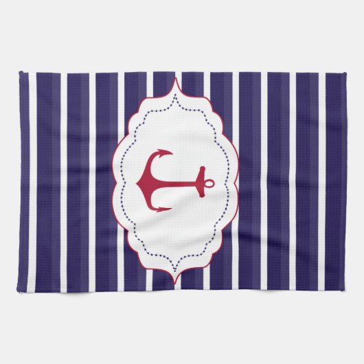 Nautisch Donkerblauw Wit Strepen Rood Anker Theedoek (Horizontaal)