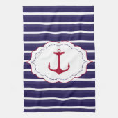 Nautisch Donkerblauw Wit Strepen Rood Anker Theedoek (Verticaal)
