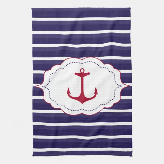 Nautisch Donkerblauw Wit Strepen Rood Anker Theedoek (Verticaal)
