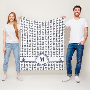 Nautisch Donkerblauw   Witte scheepankers   Wielen Fleece Deken